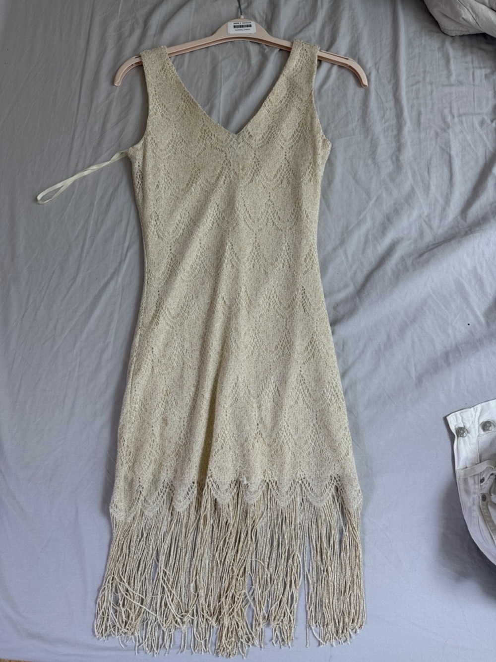 As U Wish Cream Crochet Fringe Midi Dress